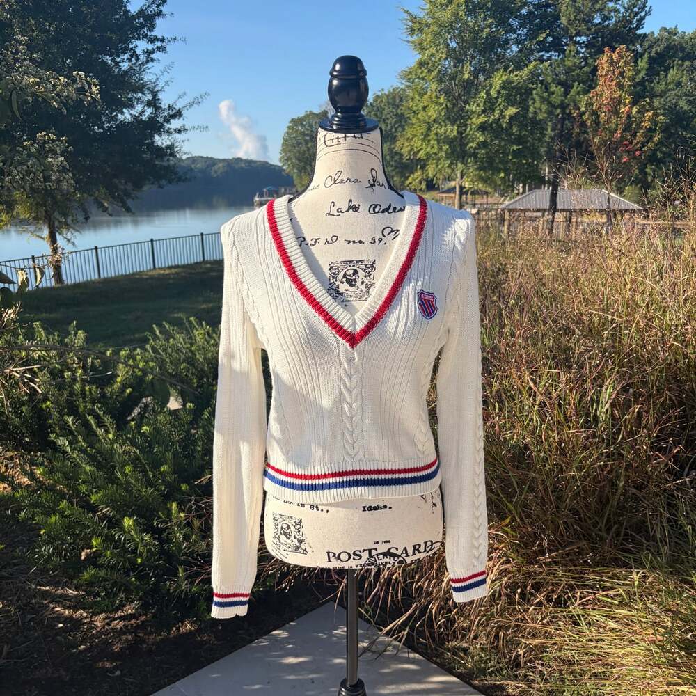 Forever 21 x K-Swiss Cable Knit Varsity Sweater Women’s Medium Cream Red Blue